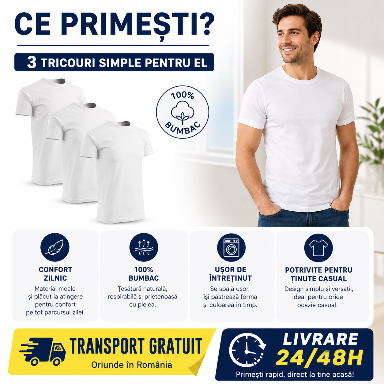 Set 3 tricouri albe bărbați 100% bumbac regular fit